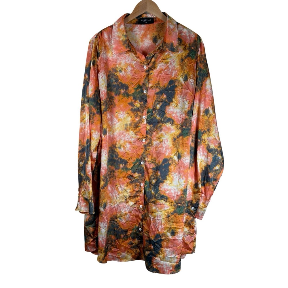 REBDOLLS Button Down Top Women's Size 3X Multi-Color Tie-Dye Long Sleeve Blouse - Picture 1 of 8